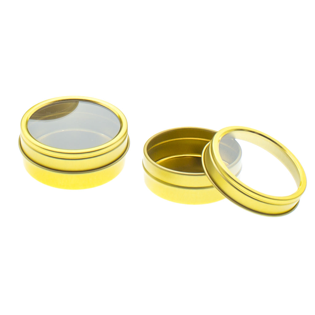Gold Round Shallow Window Top Tin Containers