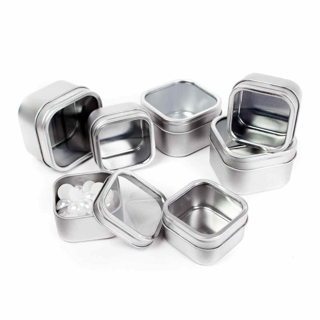 Silver Square Cube Shallow Seamless Window Top Slip Lid Tin Metal Tin Containers